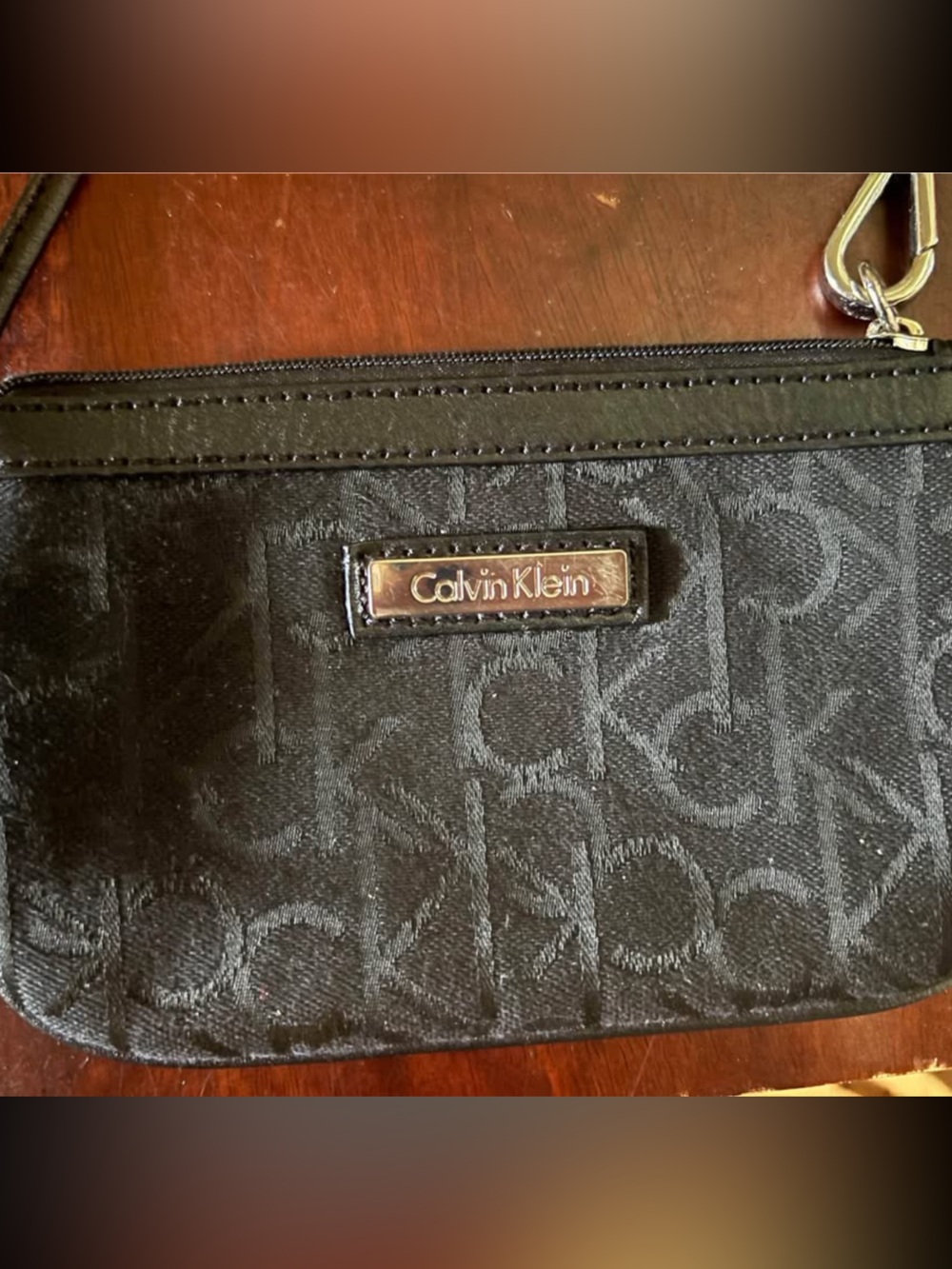 Calvin Klein Black Logo Jacquard Wristlet Wallet with Metal Nameplate
